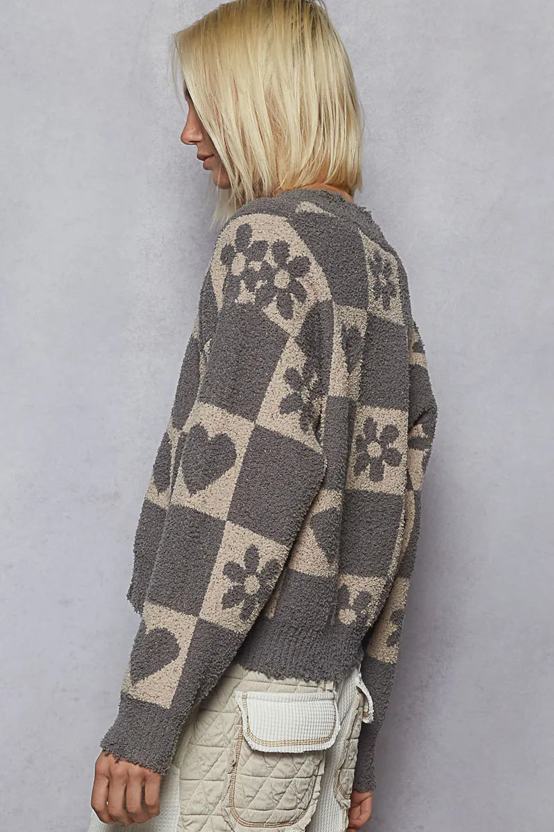 POL V-Neck Heart Pattern Checkered Sweater NicholesGifts