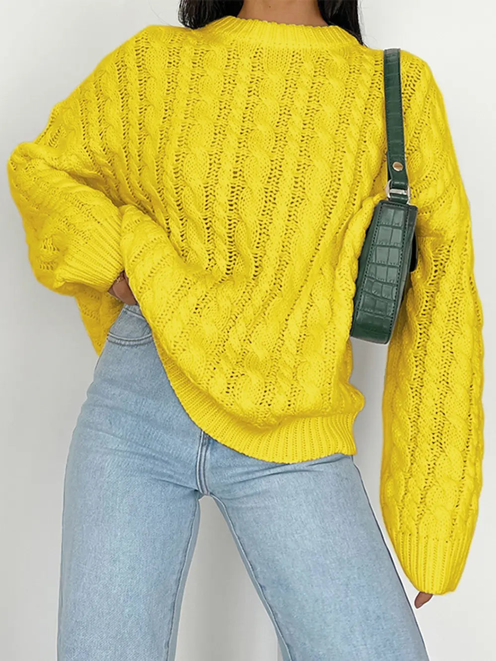 Openwork Round Sleeve Cable-Knit Sweater Trendsi