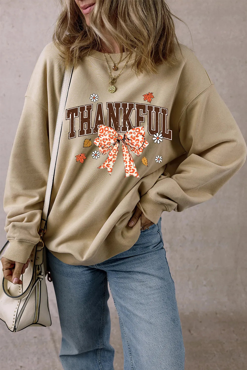 THANKFUL Bow Round Neck Long Sleeve Sweatshirt Trendsi