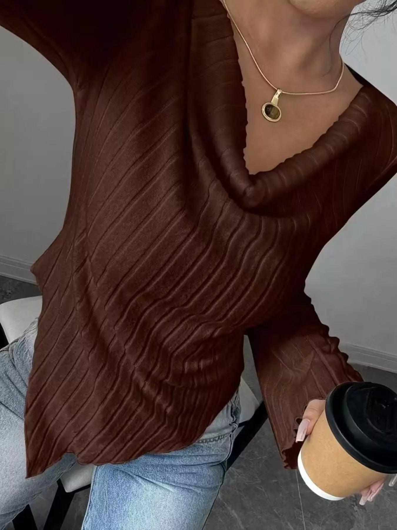 Cowl Neck Ribbed Knit T-Shirt nicholesgifts