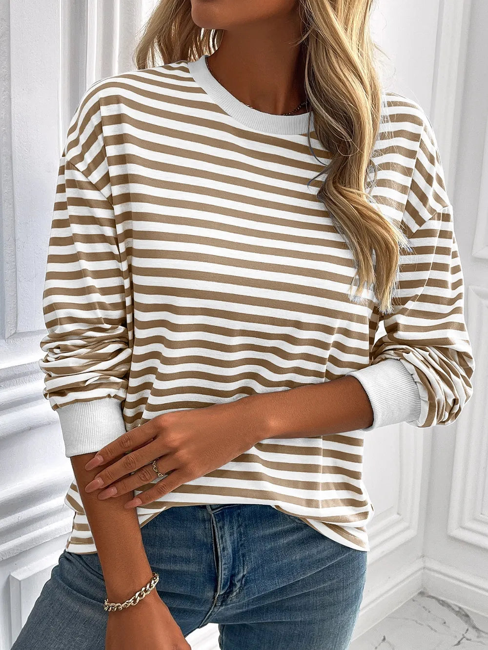 Ivy Lane Striped Round Neck Long Sleeve Sweatshirt Trendsi