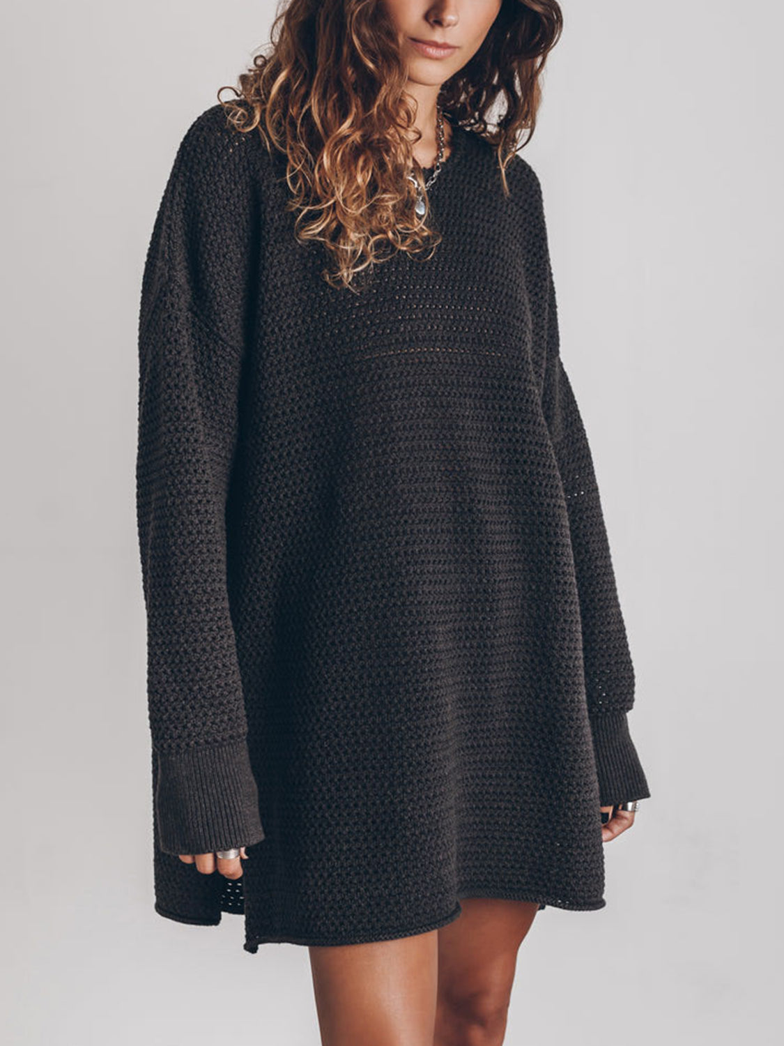 Openwork Round Neck Long Sleeve Slit Sweater nicholesgifts