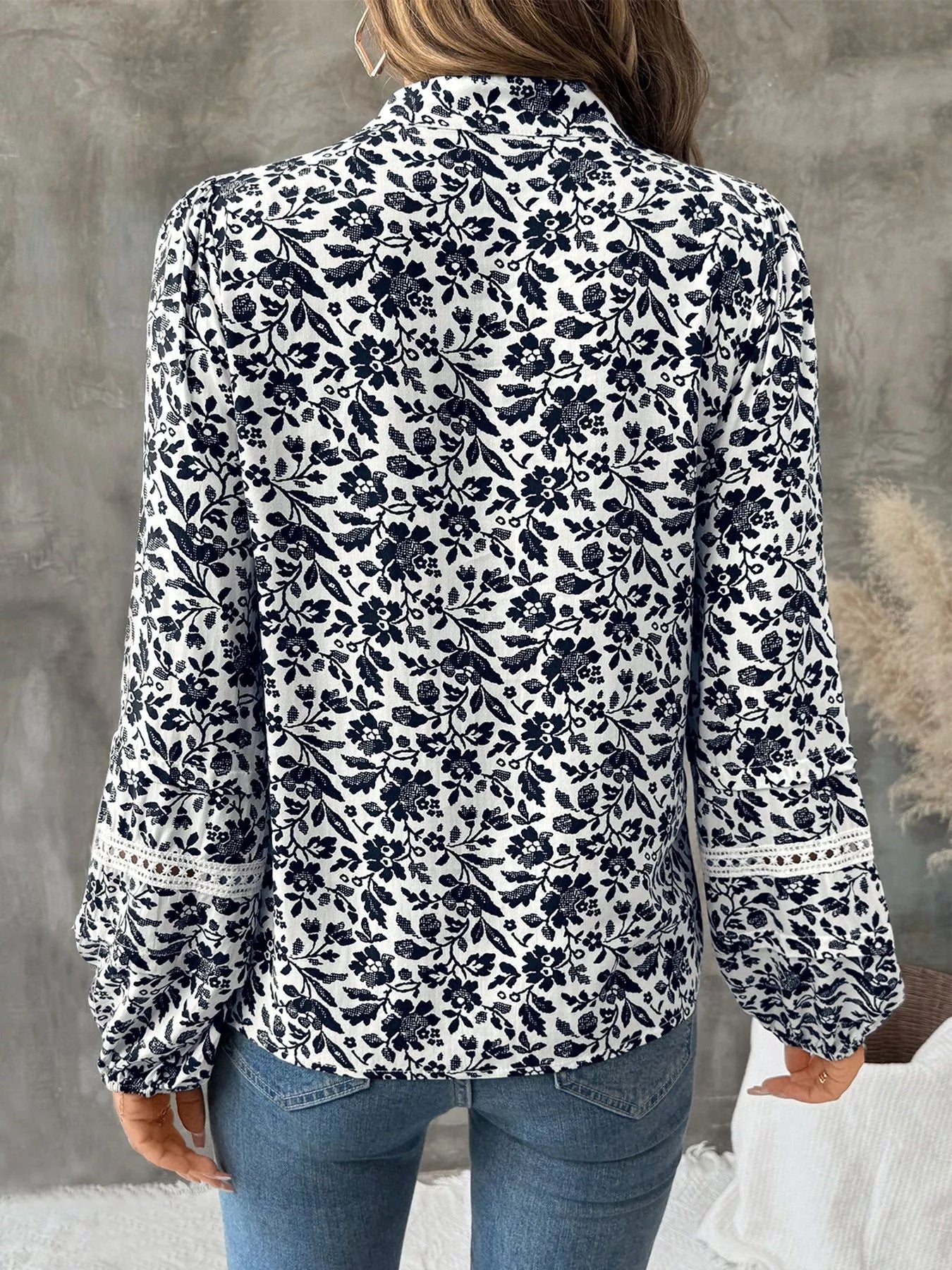 Printed Tie Neck Long Sleeve Blouse NicholesGifts