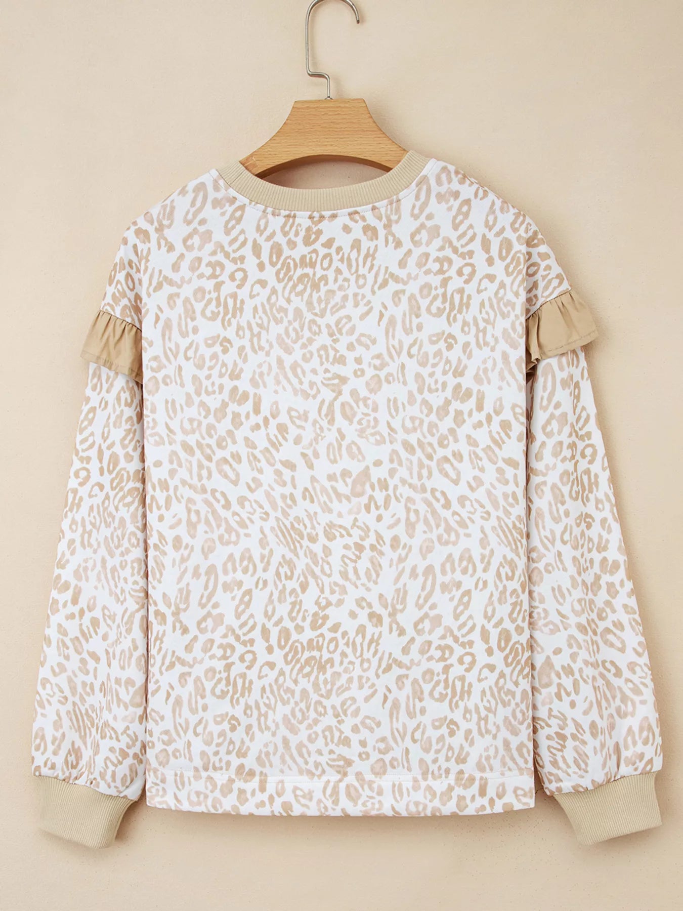 Leopard Ruffle Detail Ribbed Trim Round Neck Sweatshirt nicholesgifts