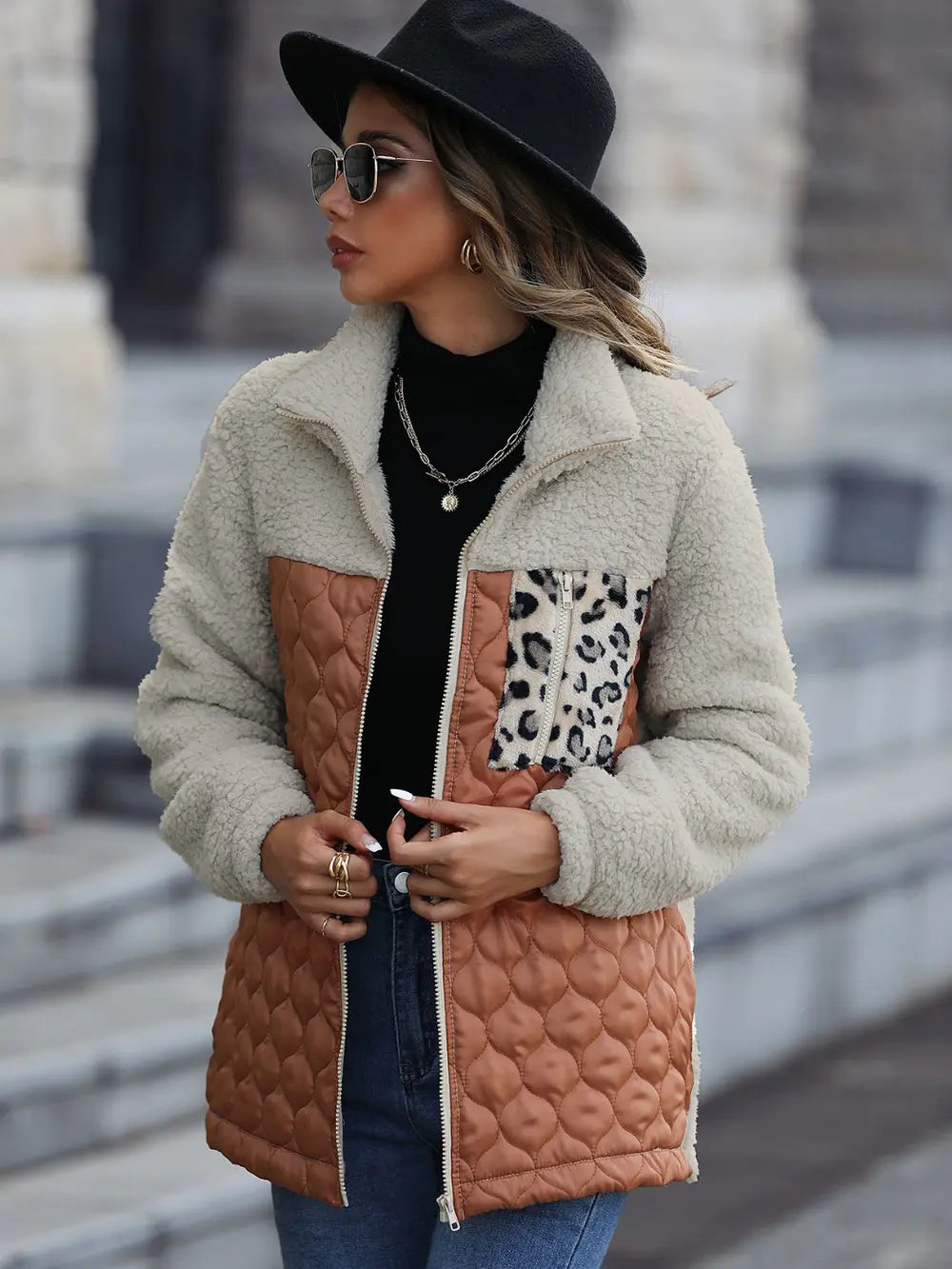 Leopard Color Block Zip-Up Jacket nicholesgifts