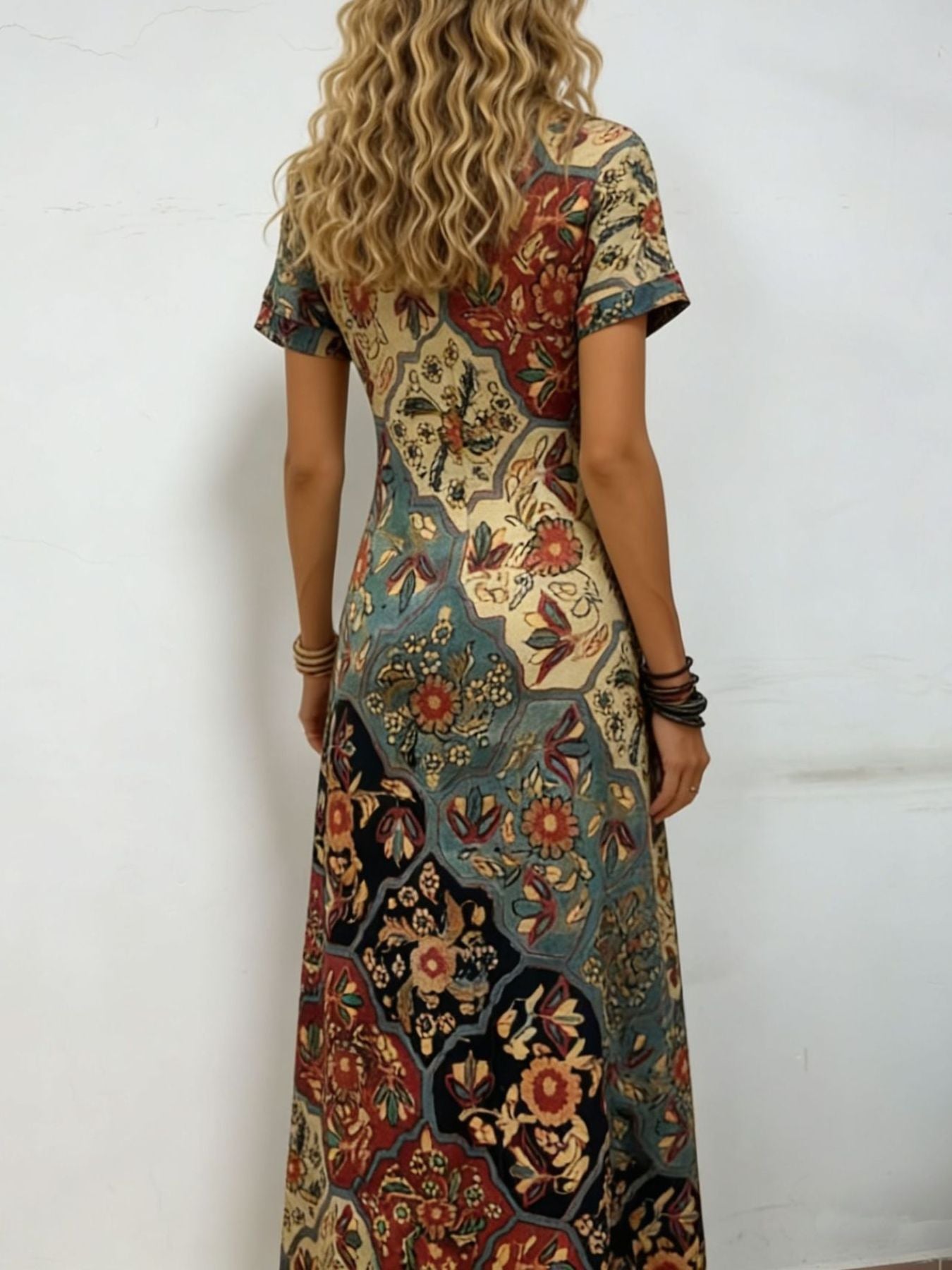 Printed V-Neck Short Sleeve Midi Dress nicholesgifts