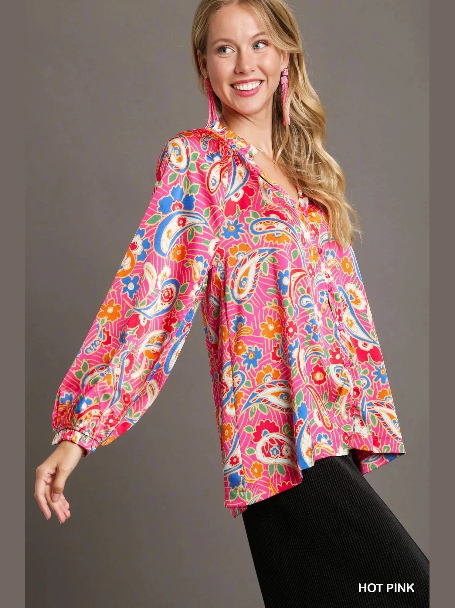 Umgee Full Size Satin Paisley Ruffle Neck Button-Up Shirt Plus Size NicholesGifts