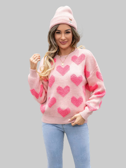 Angel Wings Round Neck Dropped Shoulder Sweater with Heart Pattern nicholesgifts