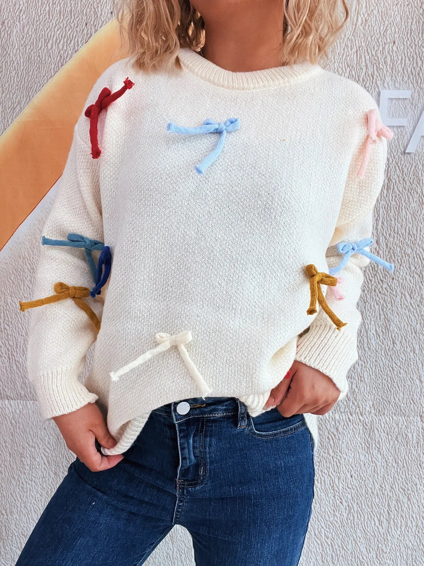 Colorful Bow Round Neck Sweater