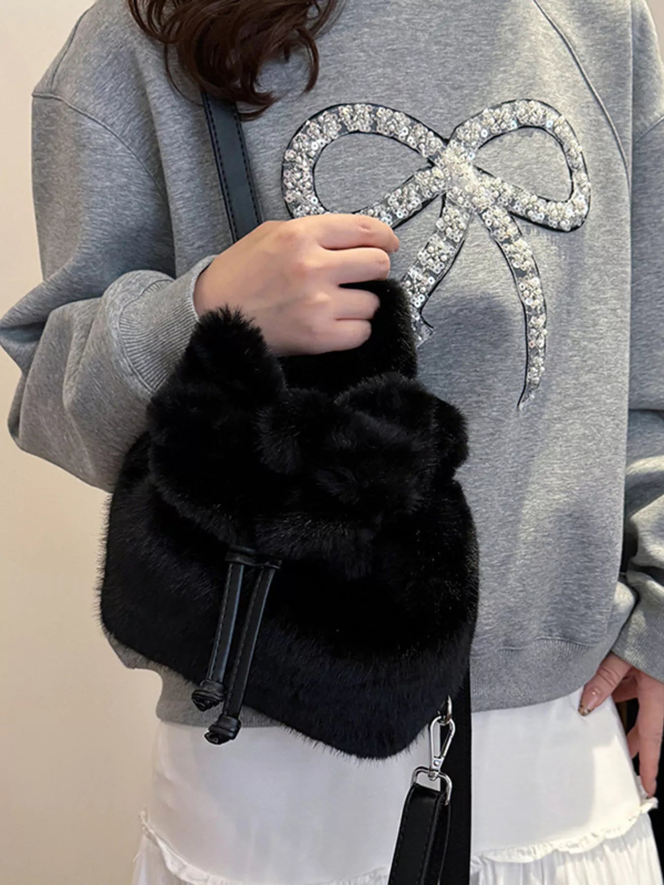 Fuzzy Plush Drawstring Backpack Bag nicholesgifts
