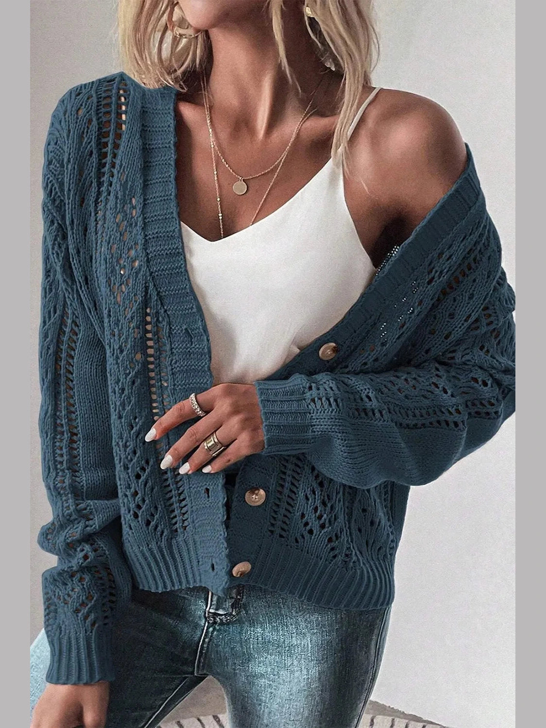Openwork Button Up Long Sleeve Cardigan NicholesGifts