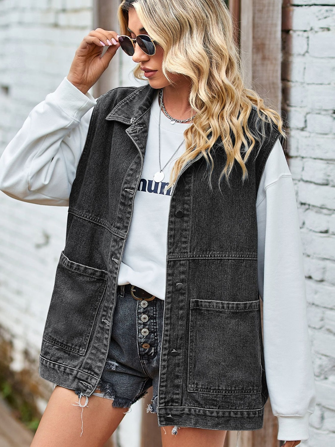 Button Front Sleeveless Denim Jacket nicholesgifts