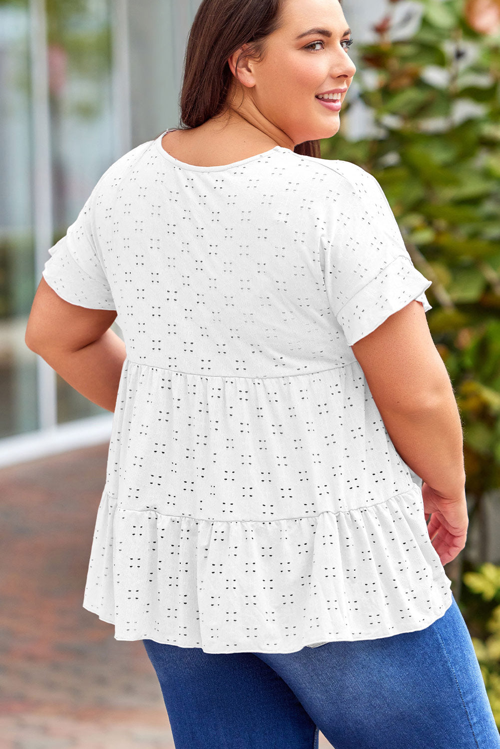 Plus Size Eyelet Round Neck Short Sleeve Blouse nicholesgifts