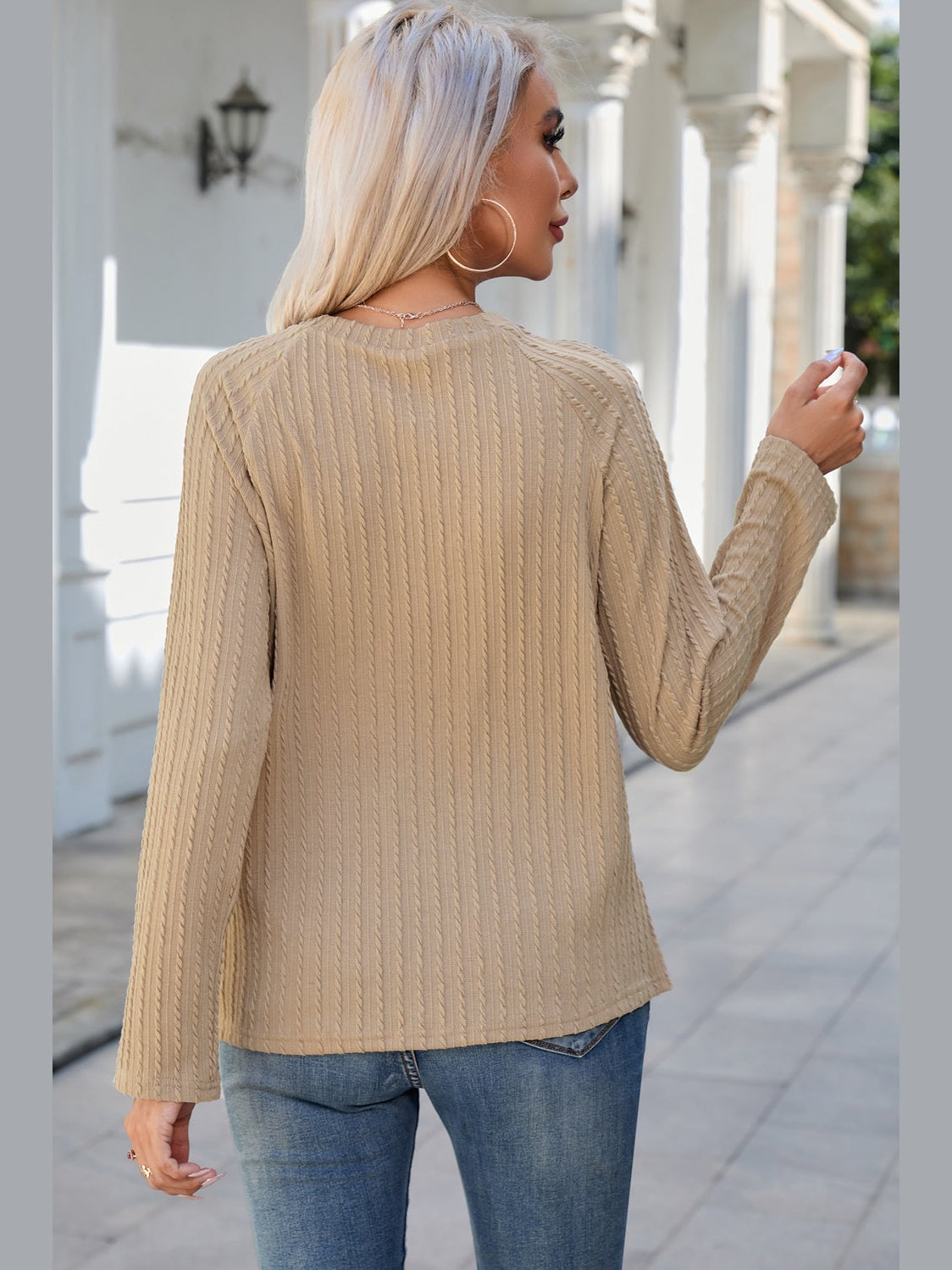 Round Neck Raglan Sleeve Ribbed Blouse NicholesGifts
