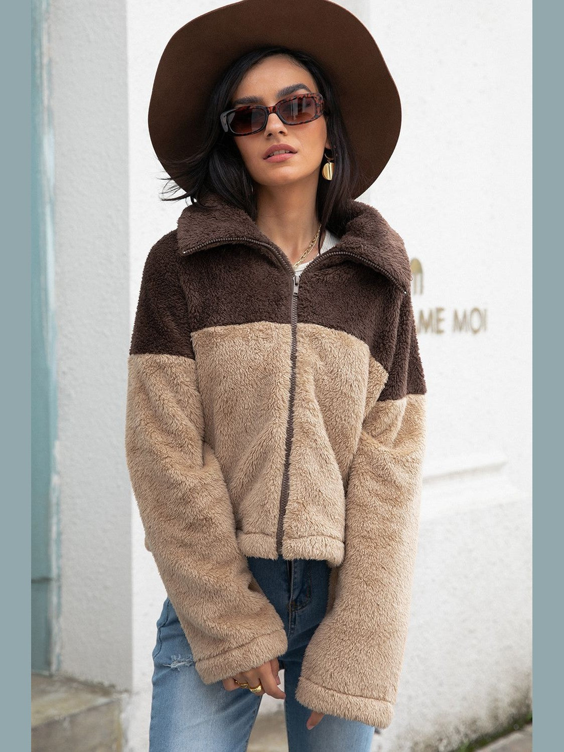 Two-Tone Collared Neck Fuzzy Jacket nicholesgifts