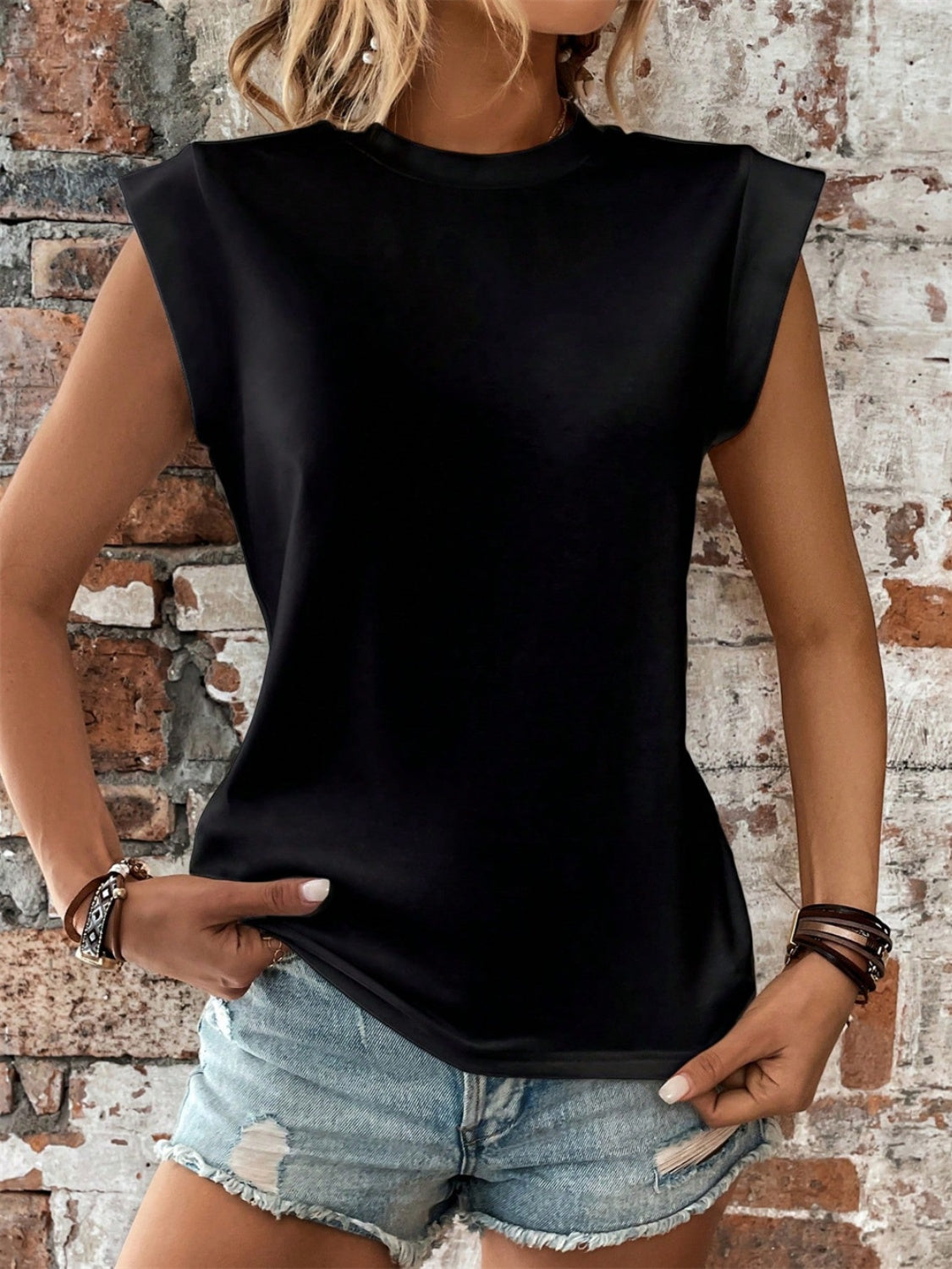 Round Neck Cap Sleeve Blouse nicholesgifts