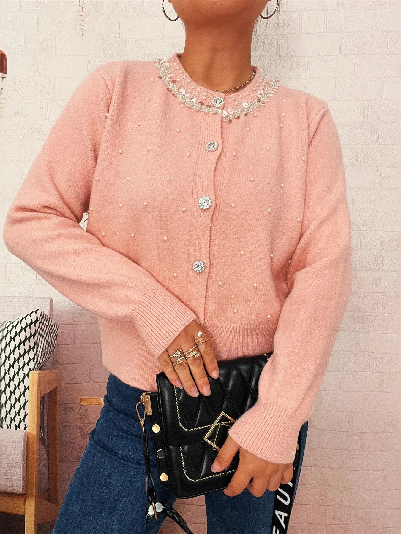 Pearl Detail Button-Front Cardigan NicholesGifts