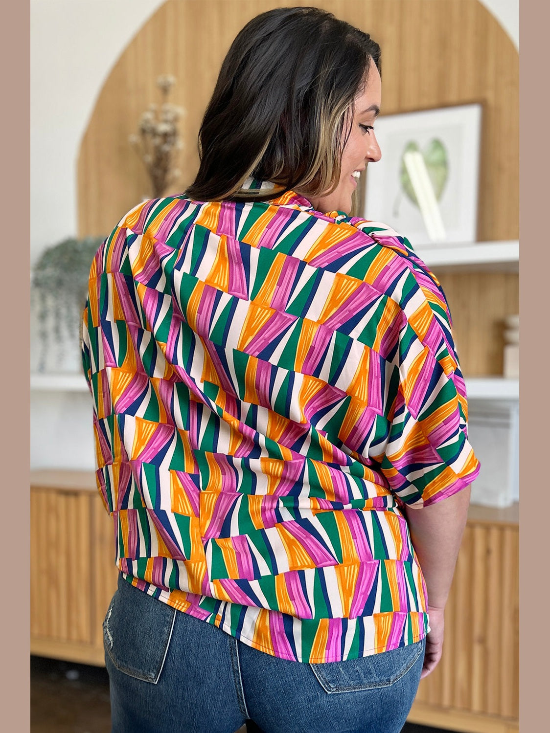 Double Take Full Size Geometric Notched Dolman Sleeve Top nicholesgifts