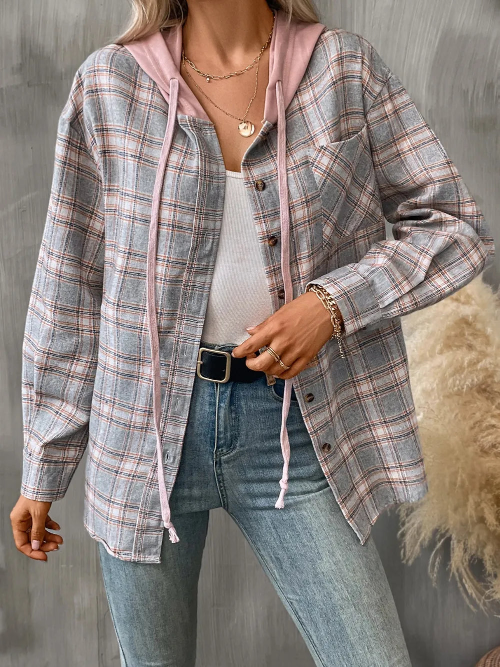 Plaid Long Sleeve Hooded Jacket nicholesgifts