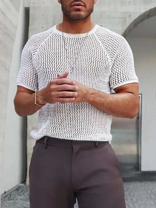 Men's Openwork Round Neck Short Sleeve T-Shirt NicholesGifts