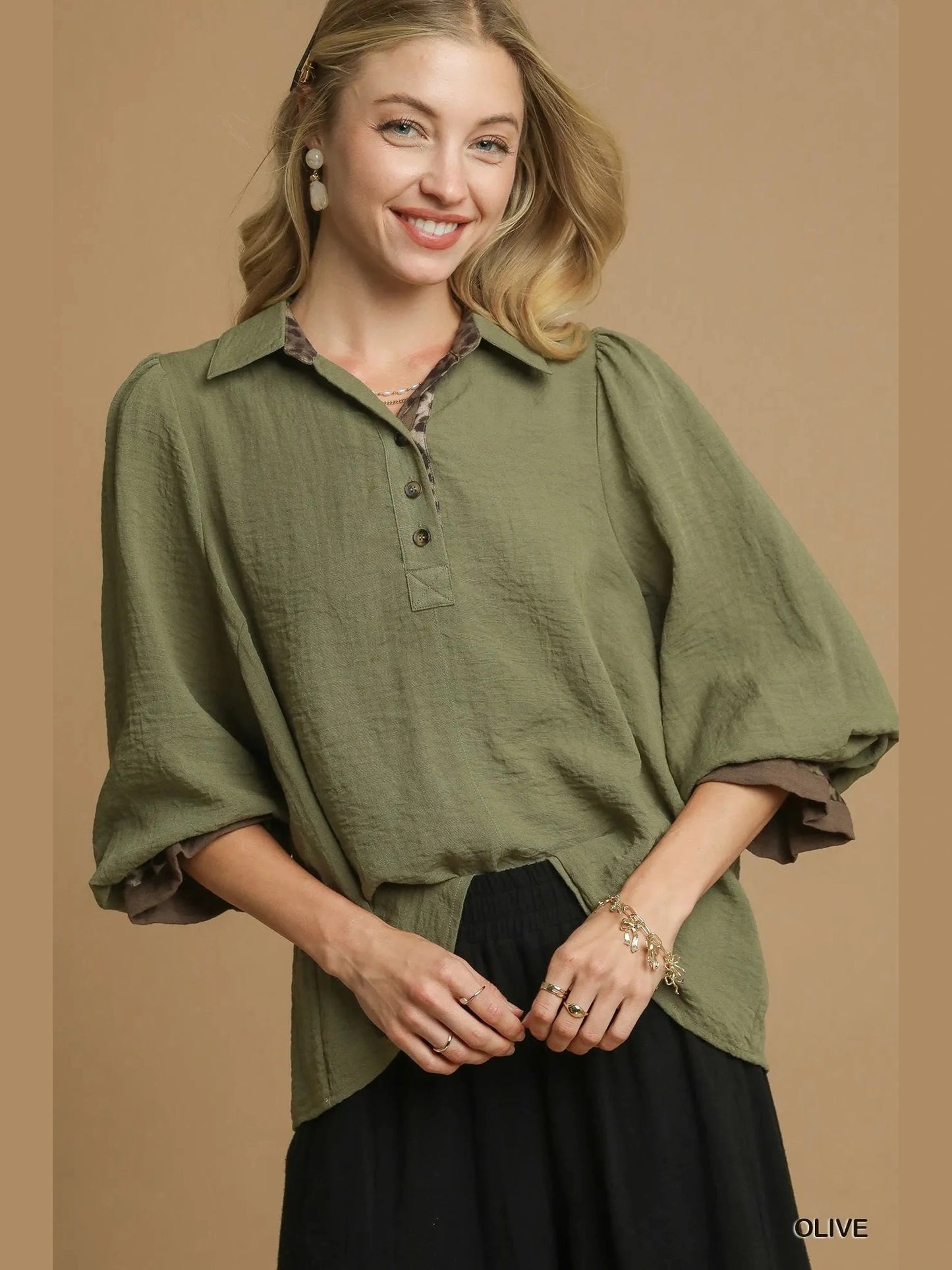 Umgee Half Button Blouse with Leopard Print Trim NicholesGifts