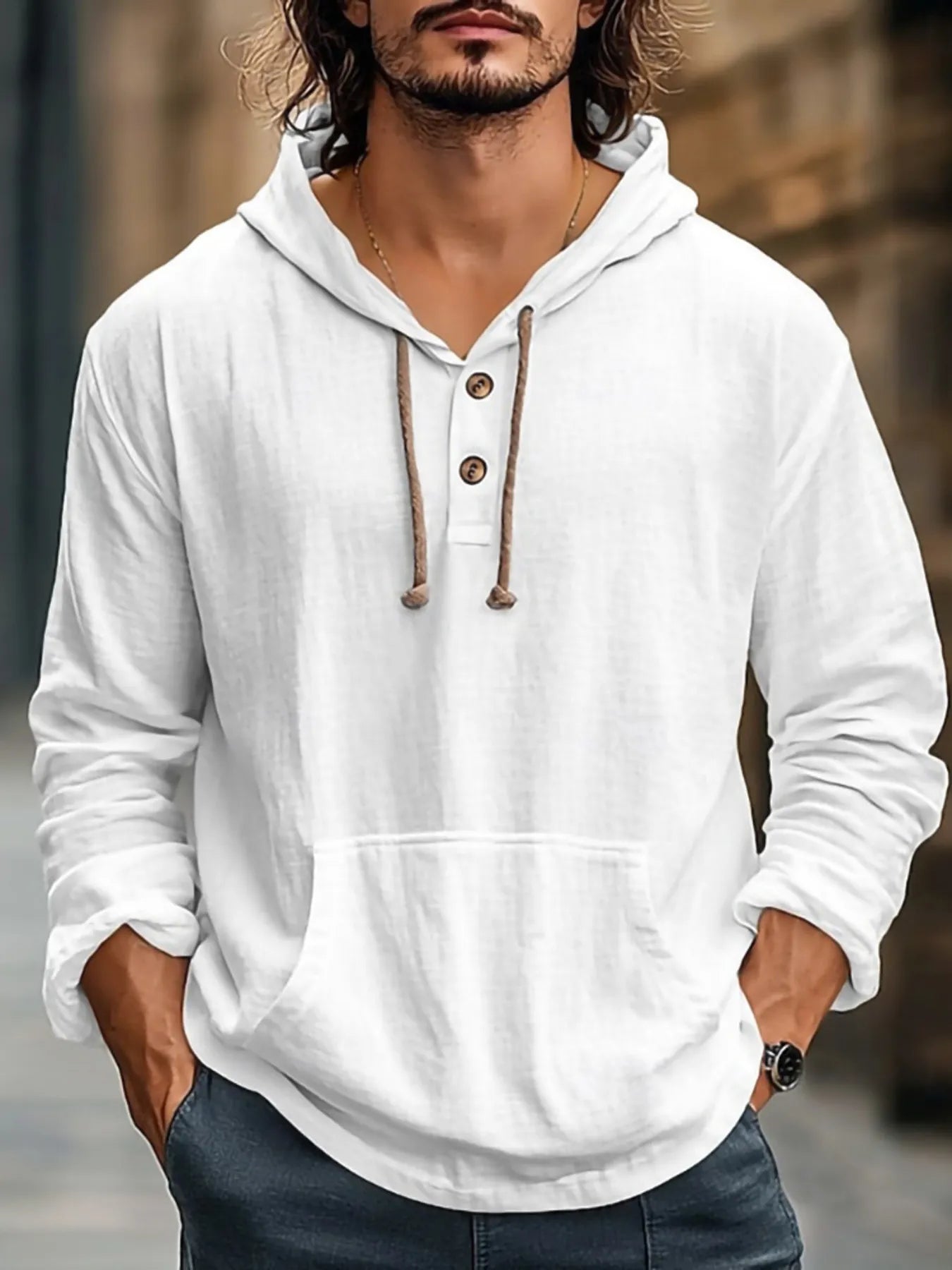 Men's Full Size Drawstring Long Sleeve Hoodie with Button Details Plus Size NicholesGifts