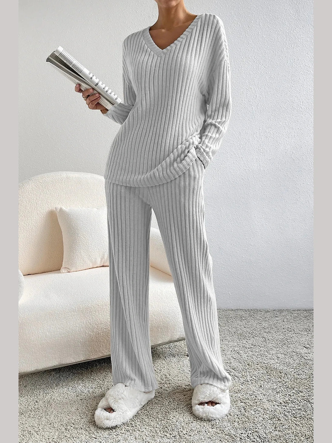 Ribbed V-Neck Top and Pants Lounge Set nicholesgifts