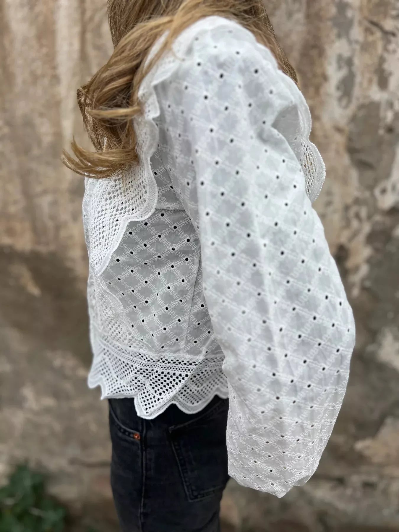 Eyelet Button-Up Shirt with Scalloped Hem