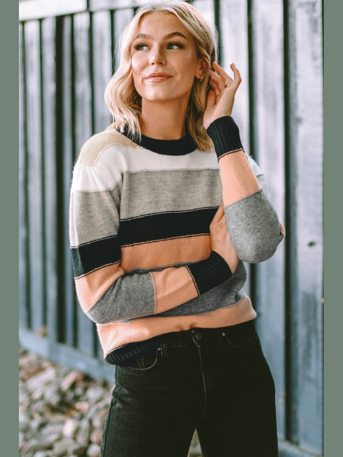 Striped Round Neck Long Sleeve Sweater Trendsi
