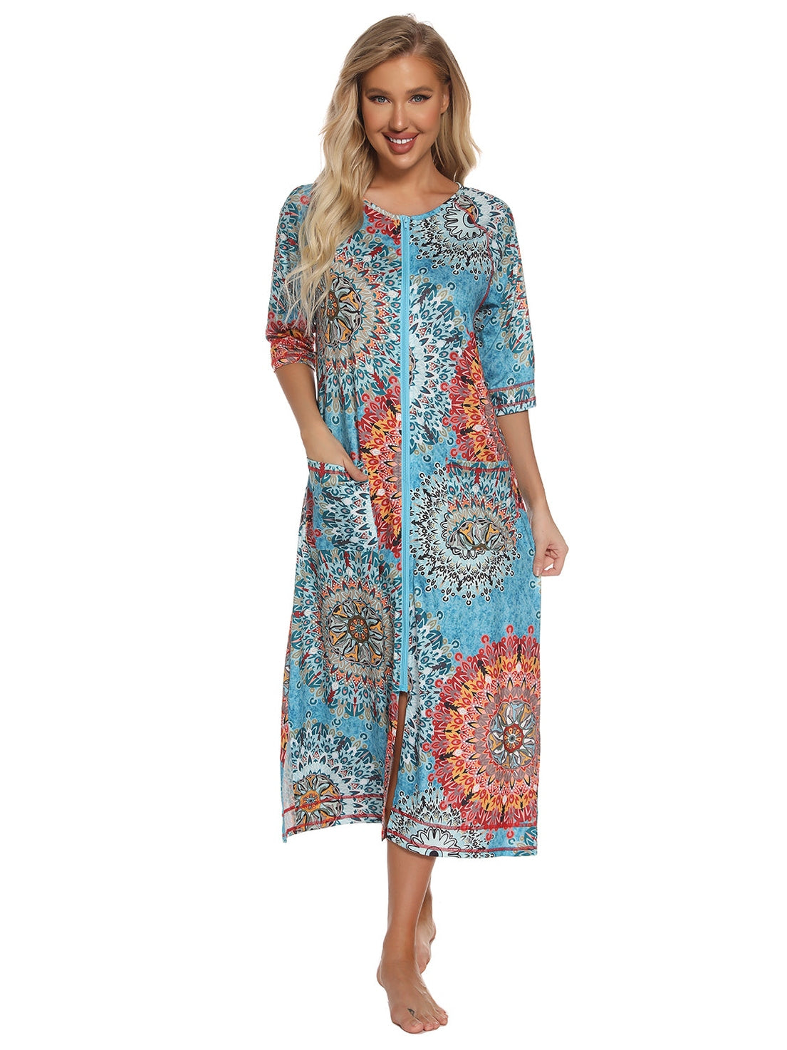 Printed Slit Night Dress with Pockets nicholesgifts