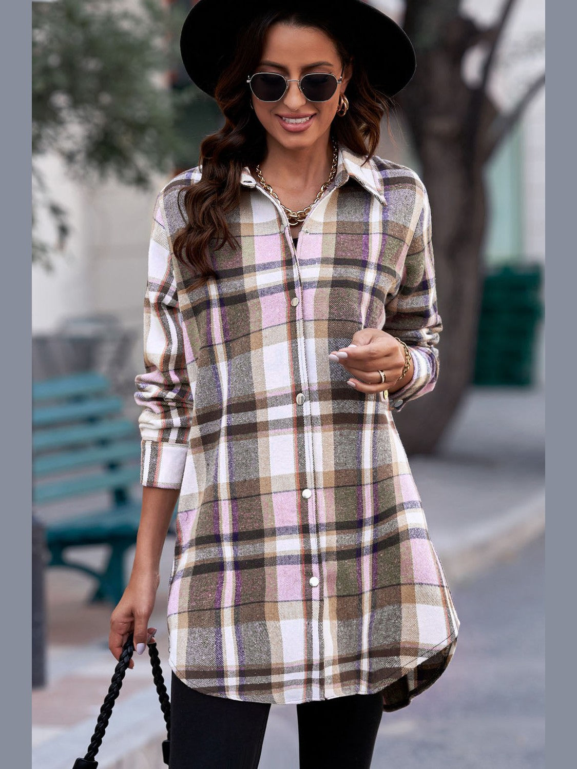 Plaid Button-Up Longline Shirt Jacket nicholesgifts