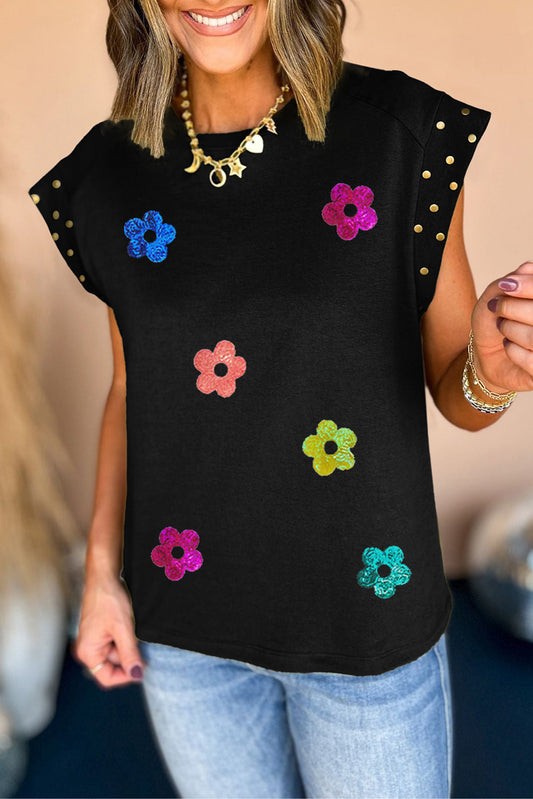 Studded Flower Round Neck Cap Sleeve Blouse nicholesgifts