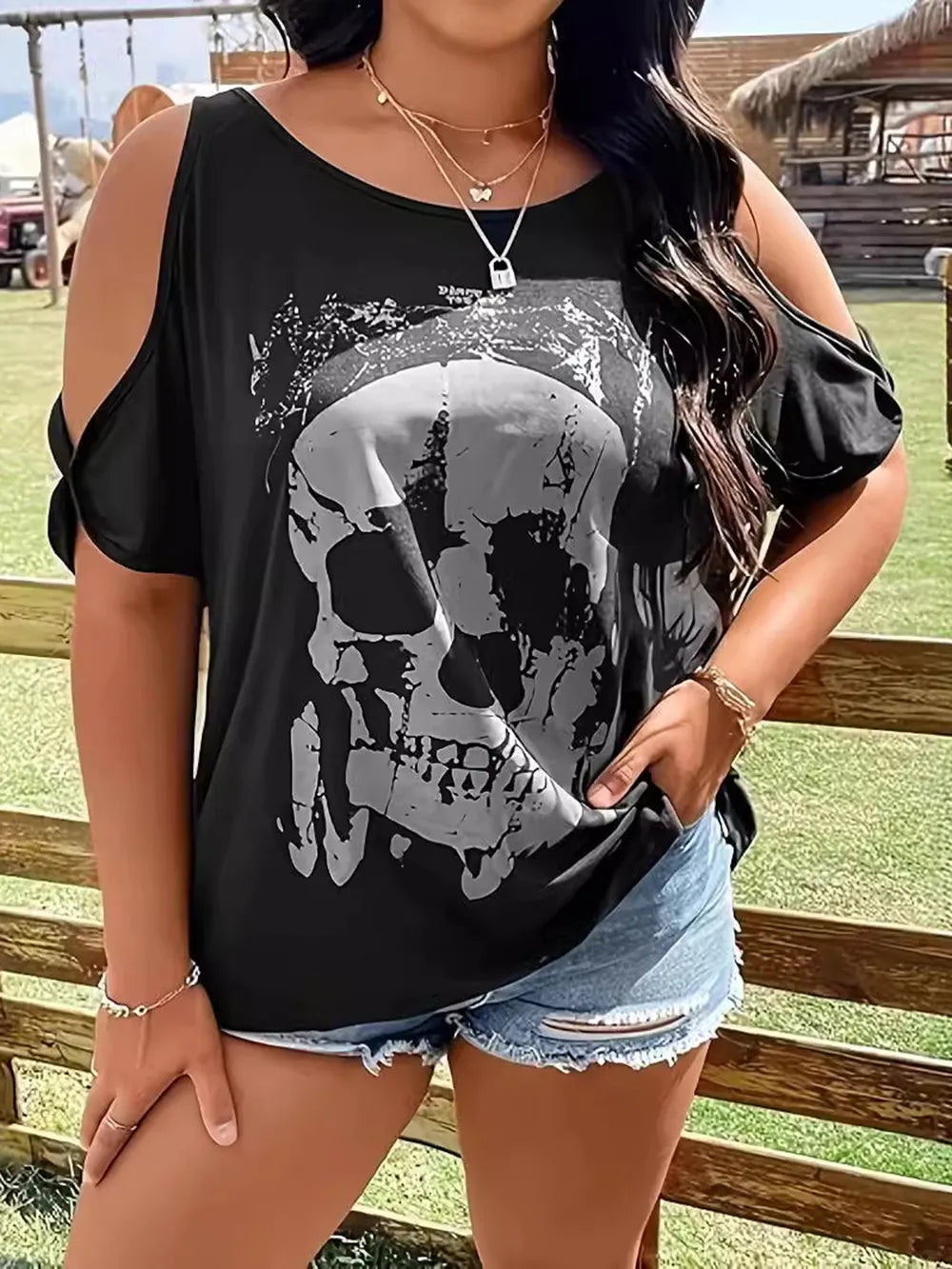 Plus Size Skeleton Graphic Round Neck Cold Shoulder T-Shirt NicholesGifts