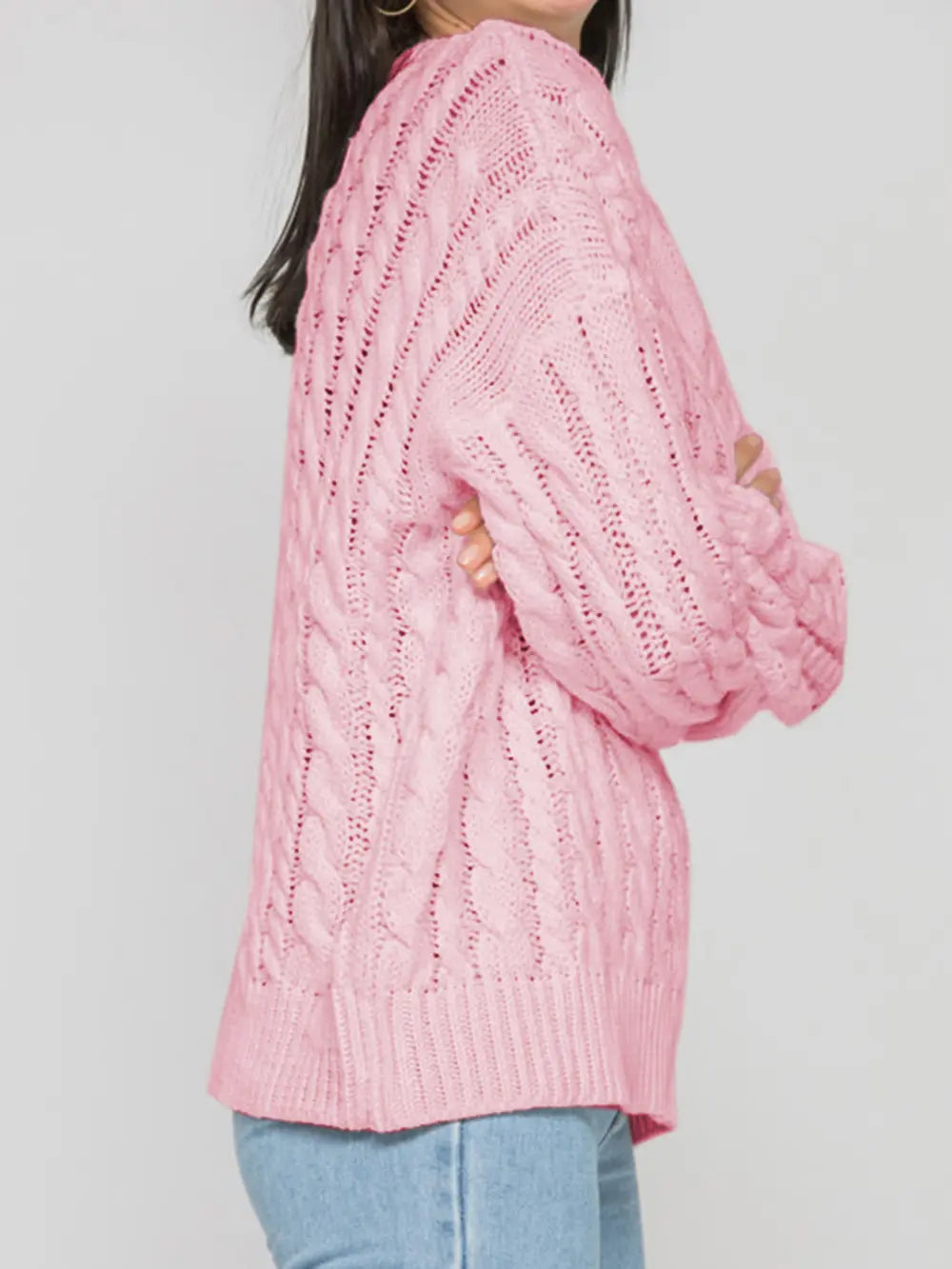 Openwork Round Sleeve Cable-Knit Sweater Trendsi