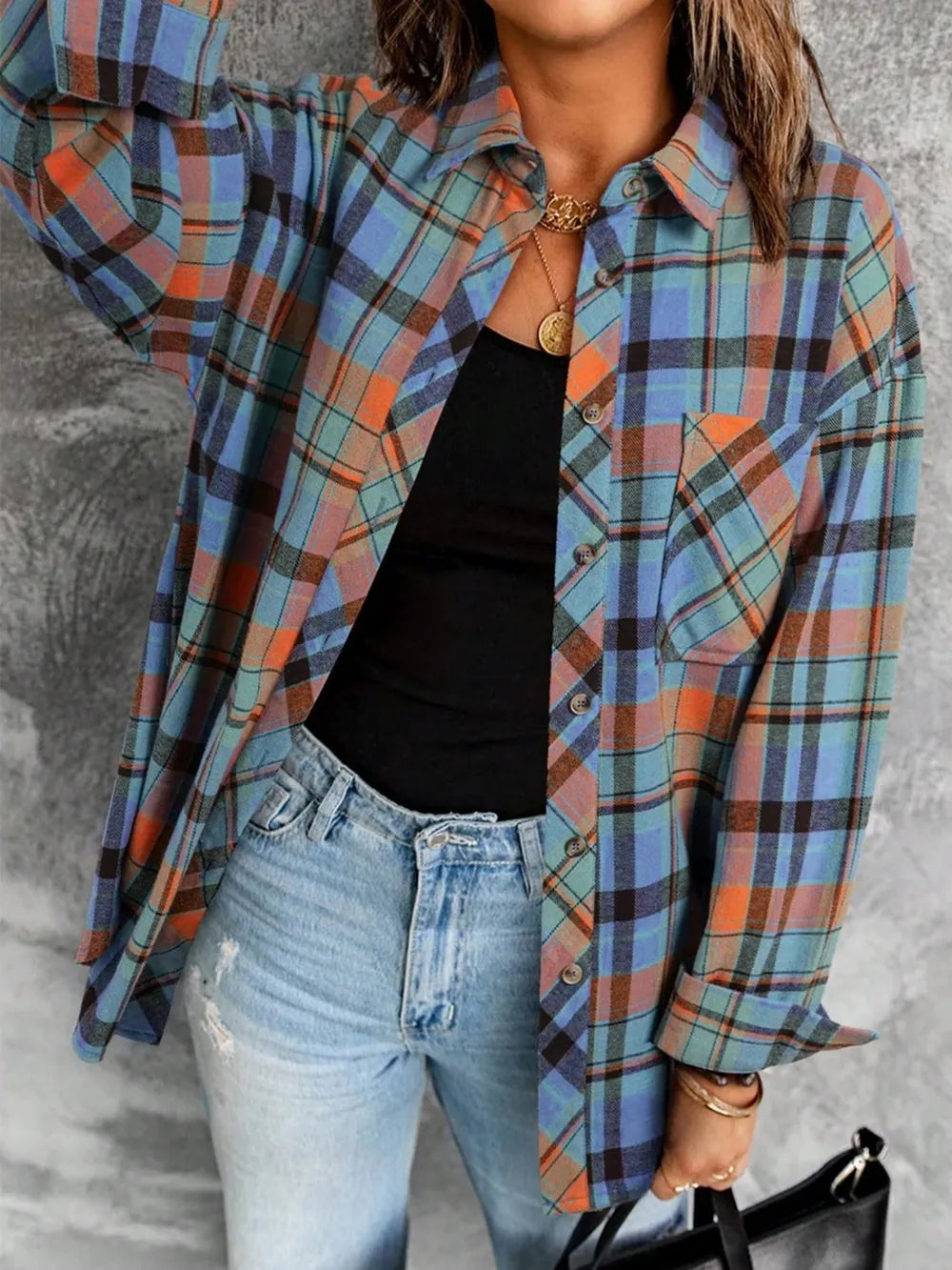 Plaid Collared Neck Long Sleeve Shirt Trendsi