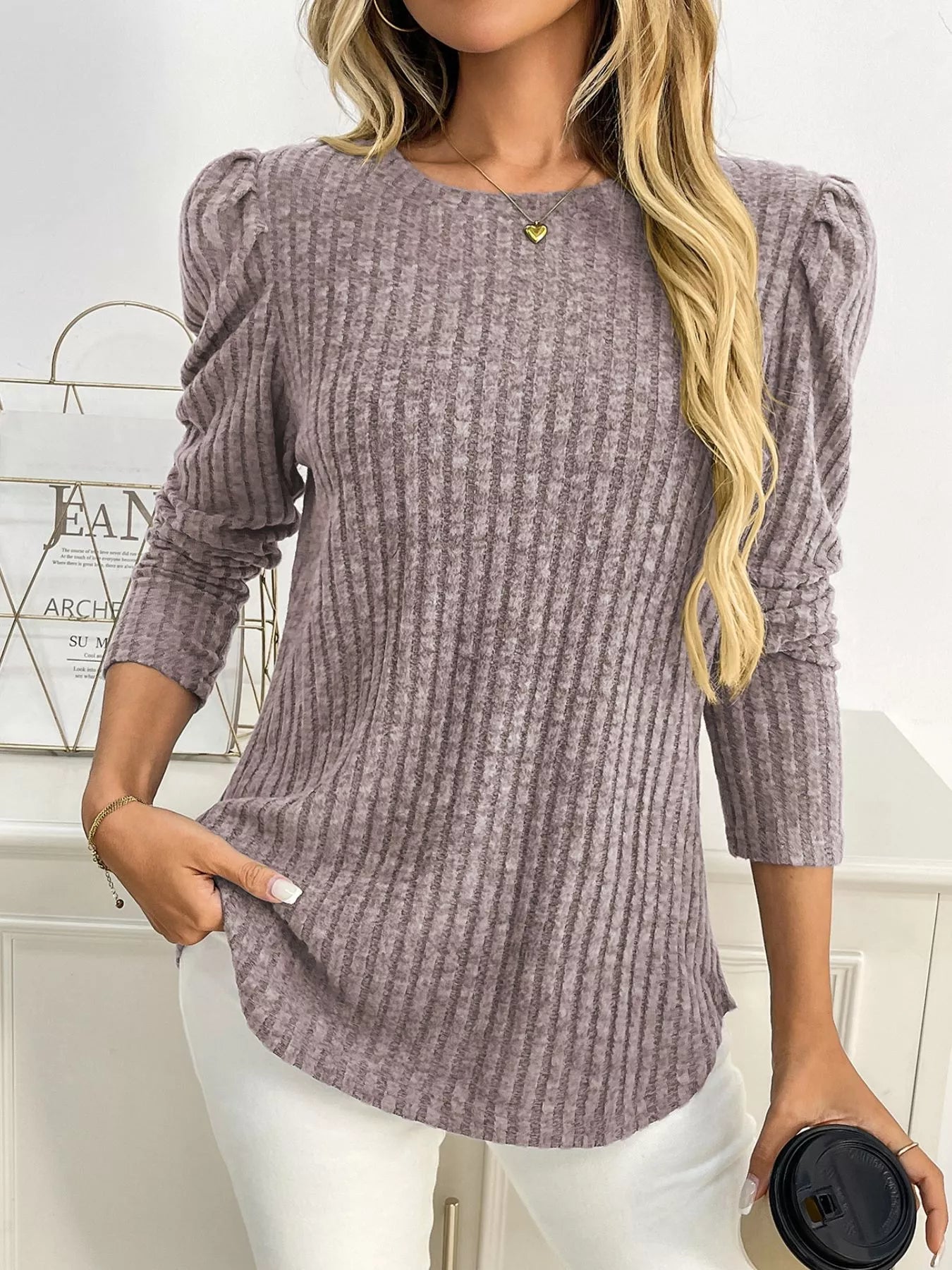 Round Neck Puff Sleeve T-Shirt Trendsi