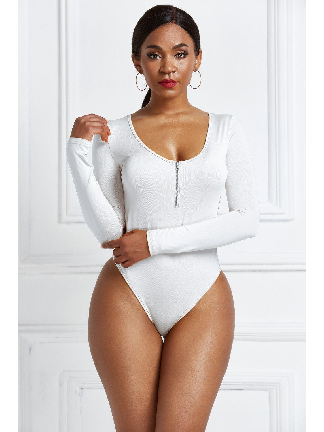 Women Half Zip Scoop Neck Long Sleeve Bodysuit nicholesgifts