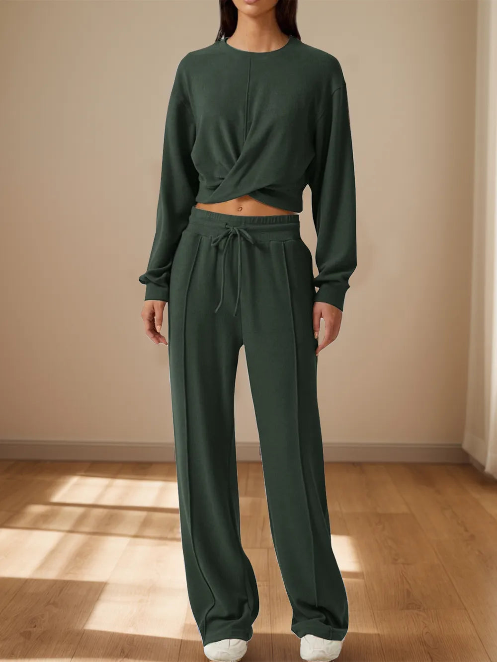 Crisscross Round Neck Top and Drawstring Pants Set nicholesgifts