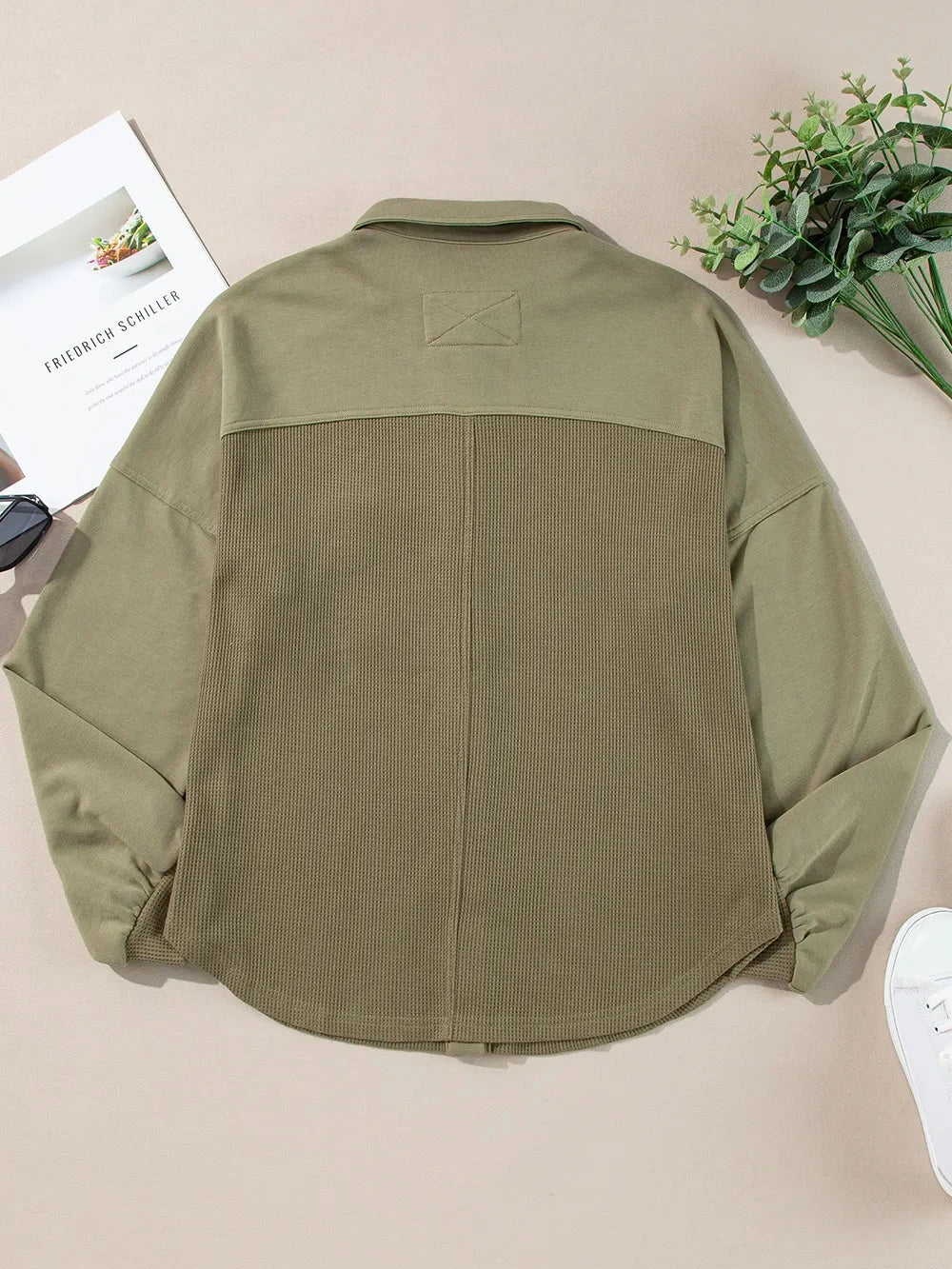 Waffle-Knit Collared Neck Long Sleeve Shacket