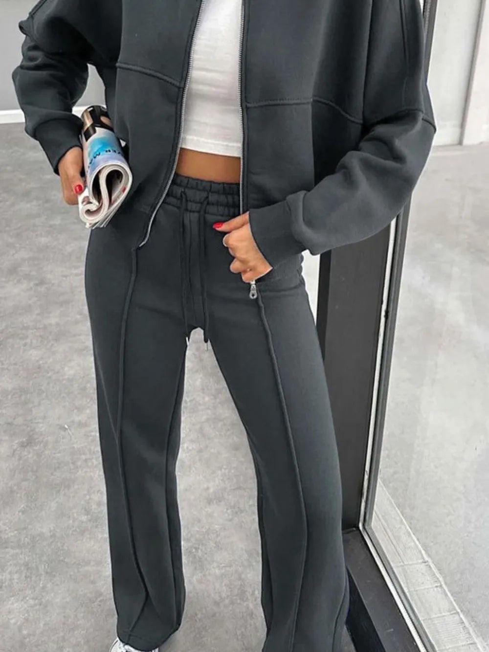 Baseball Collar Zip Up Outerwear and Drawstring Pants Set nicholesgifts