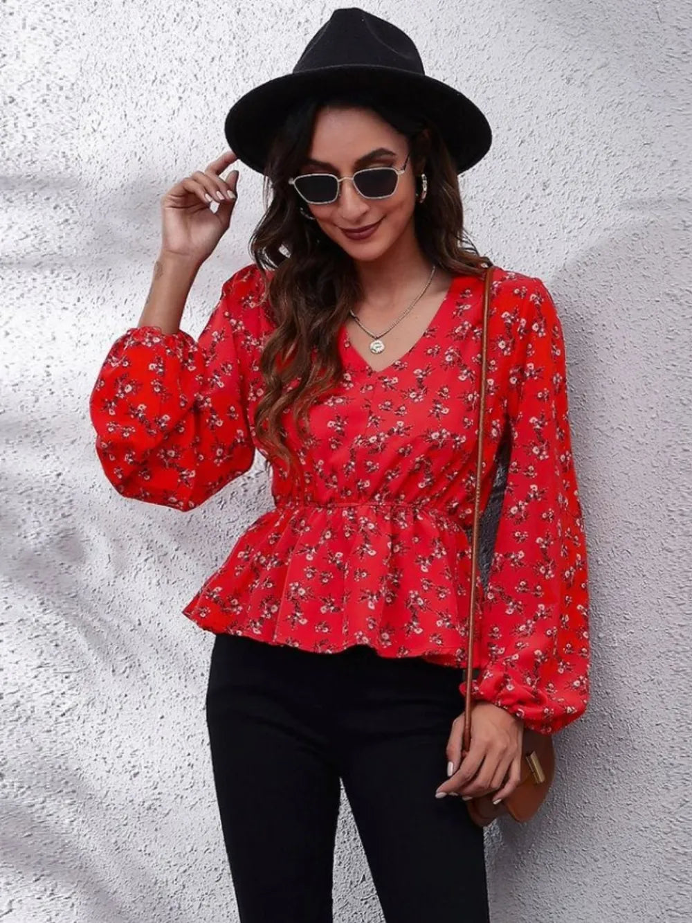 Ruched Printed V-Neck Long Sleeve Blouse nicholesgifts