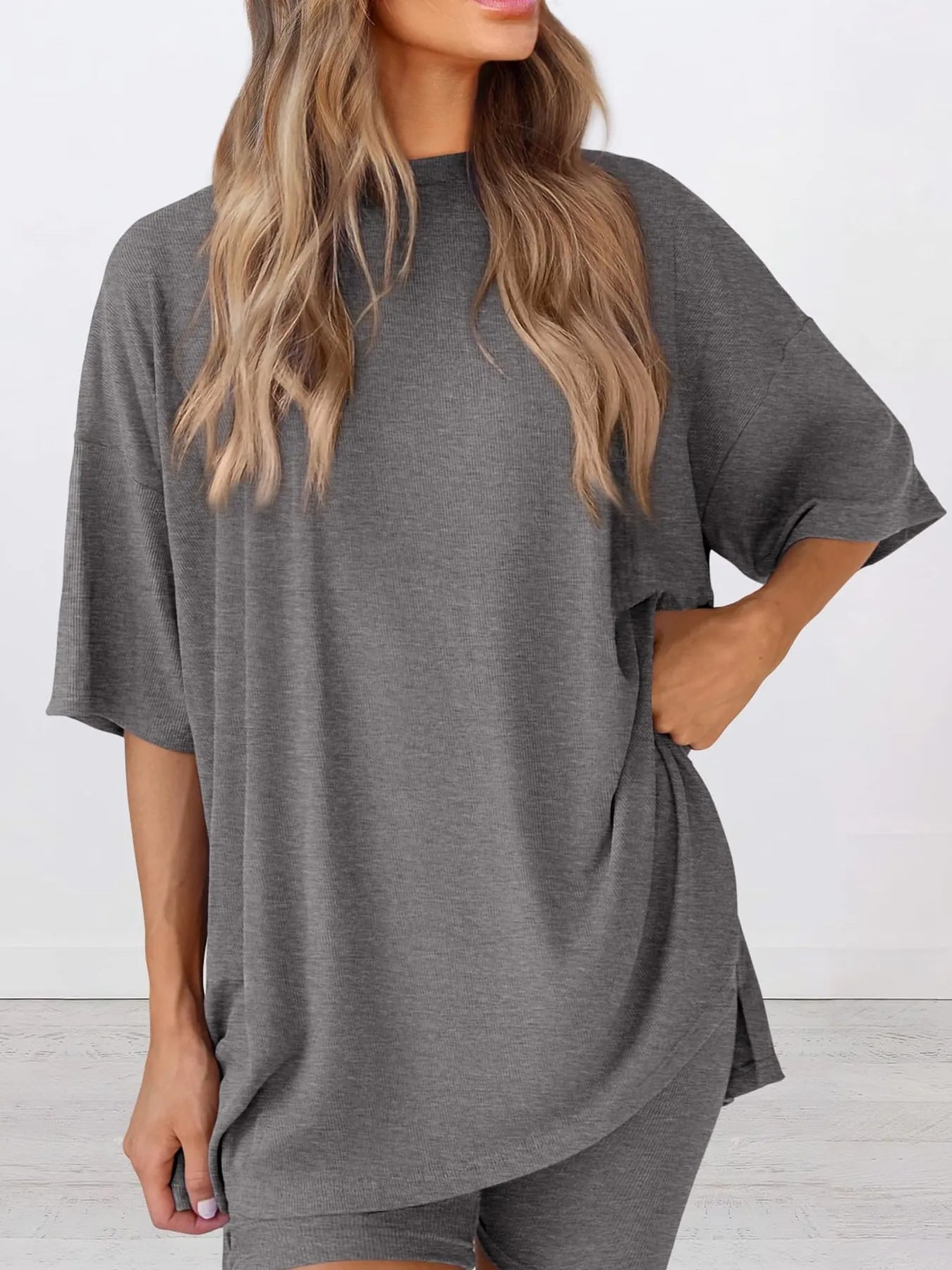 Full Size Oversized Slit Round Neck Top and Shorts Lounge Set Plus Size nicholesgifts