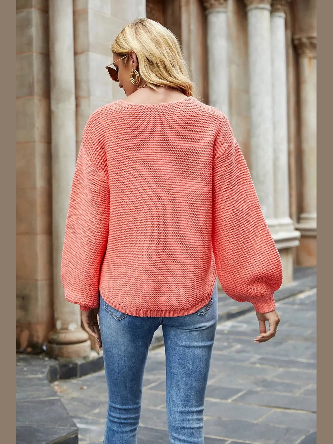 Round Neck Lantern Sleeve Sweater Trendsi