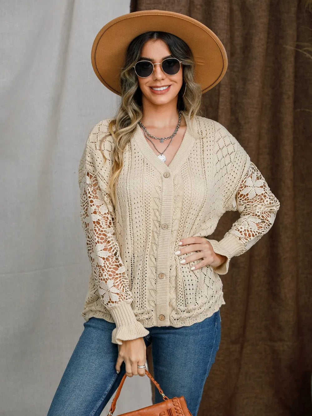 Eyelet Button Up Lantern Sleeve Cardigan nicholesgifts