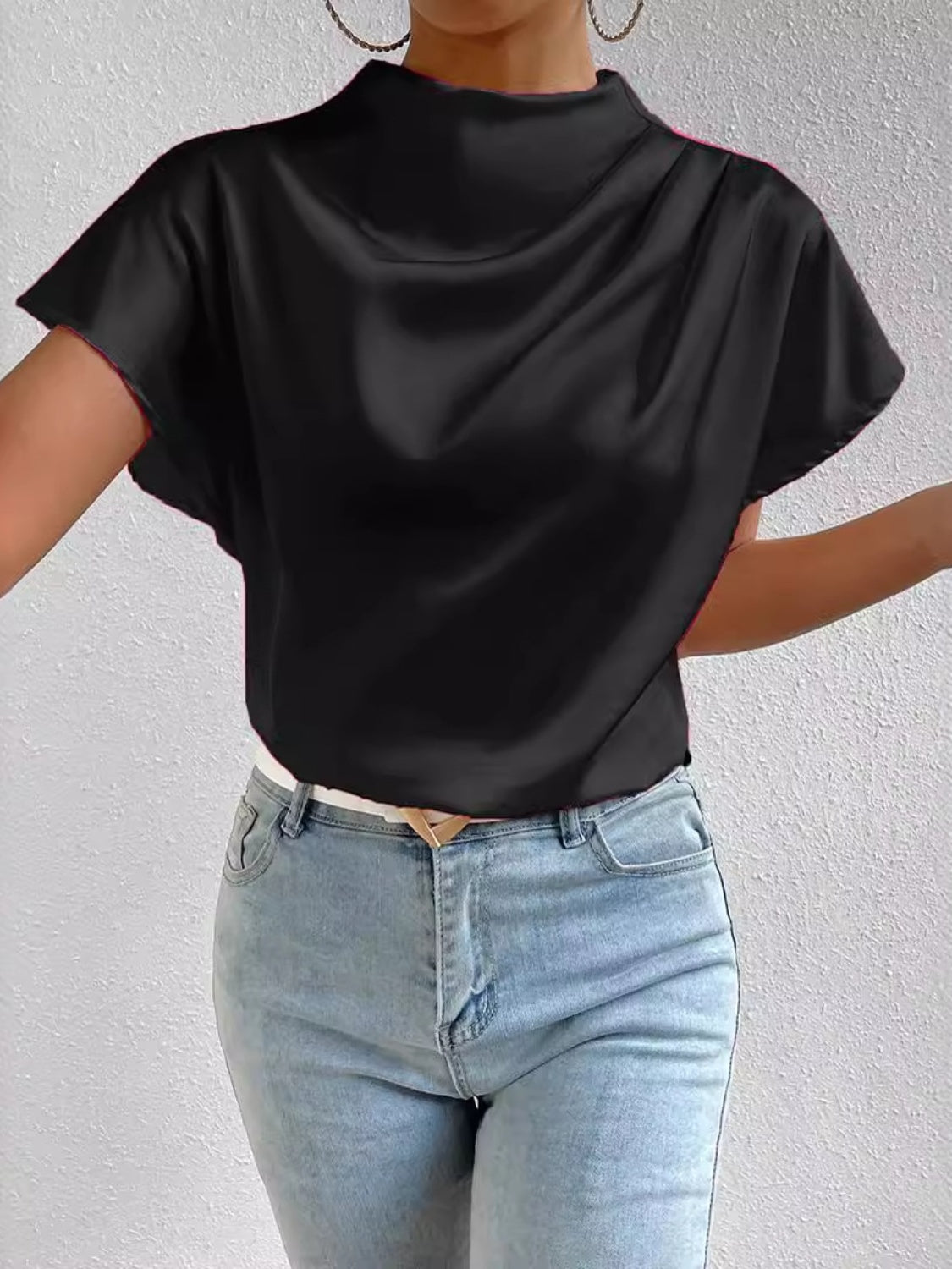 Women Ruched Mock Neck Short Sleeve Blouse nicholesgifts