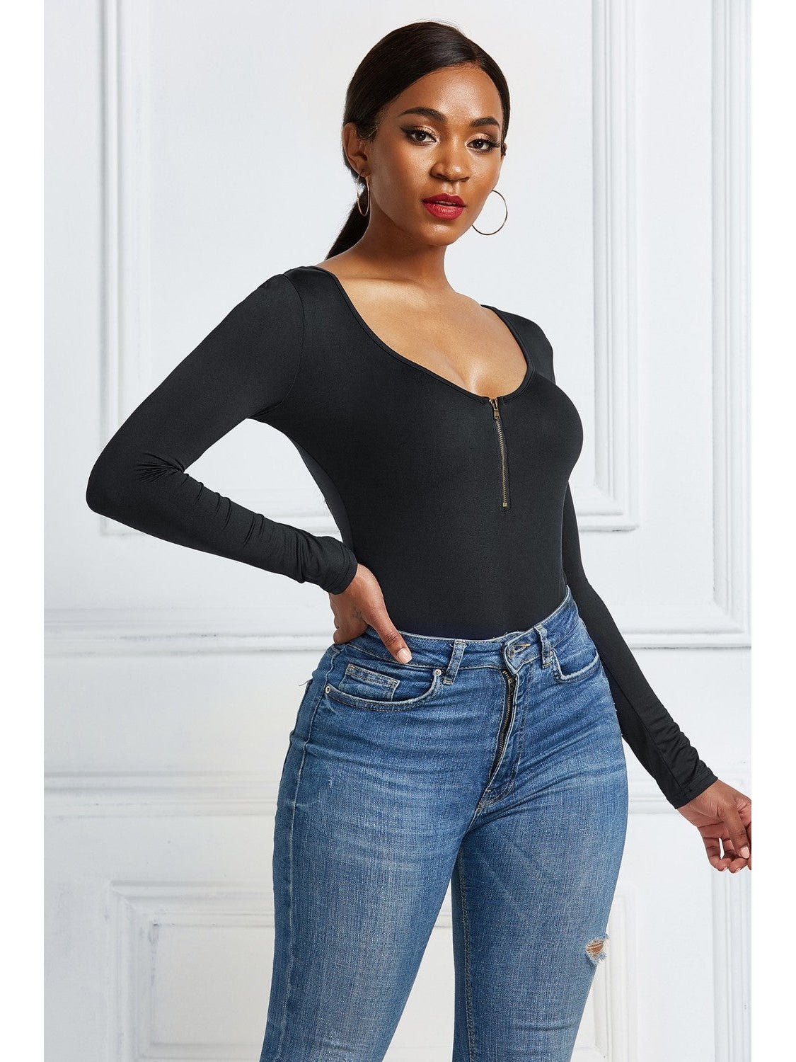 Women Half Zip Scoop Neck Long Sleeve Bodysuit nicholesgifts