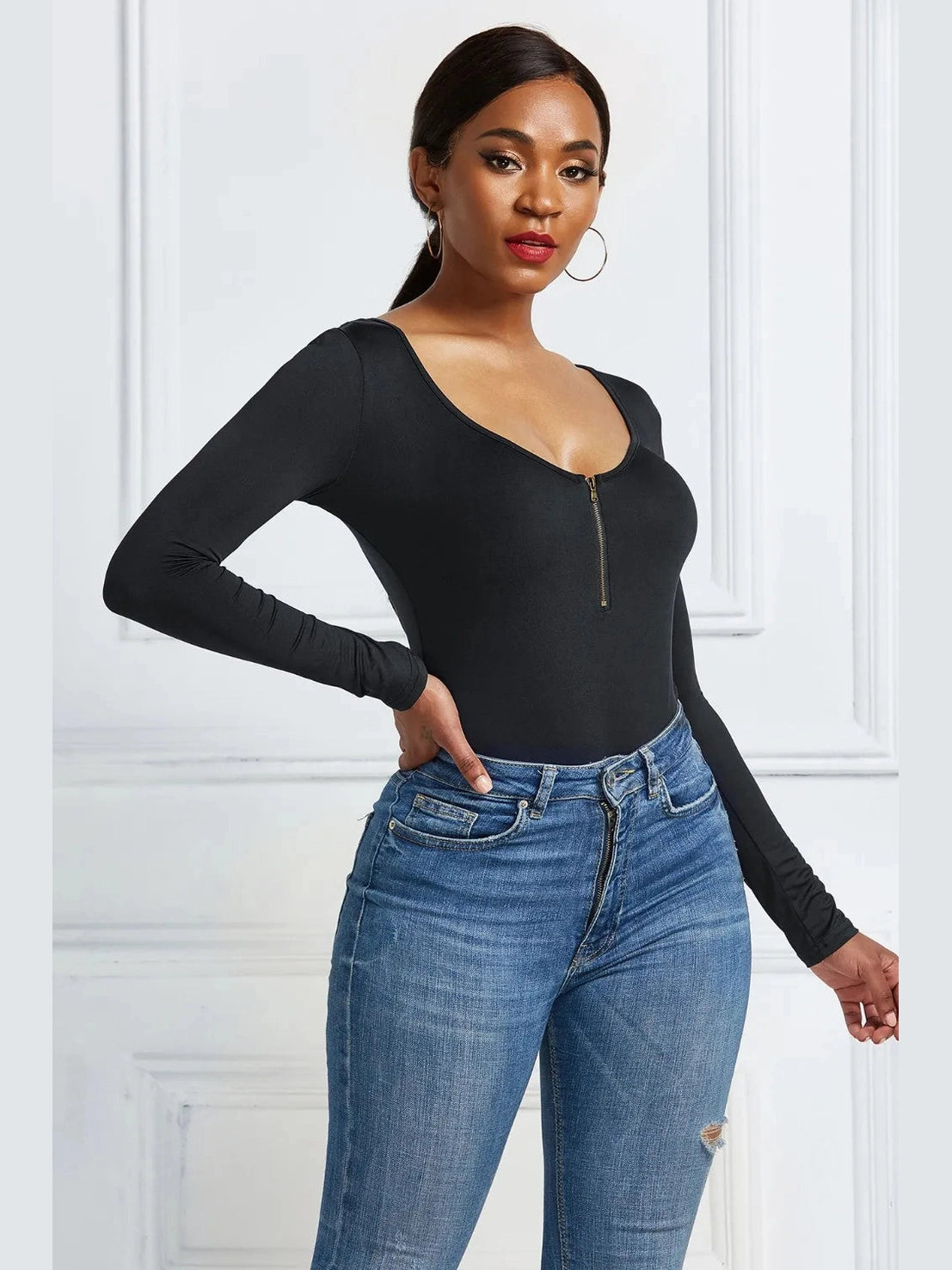 Half Zip Scoop Neck Long Sleeve Bodysuit nicholesgifts
