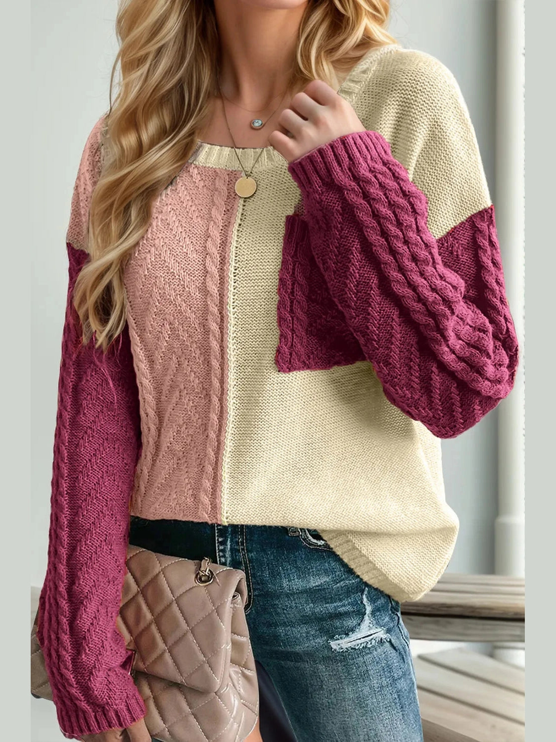 Double Take Full Size Color Block Drop Shoulder Sweater Trendsi