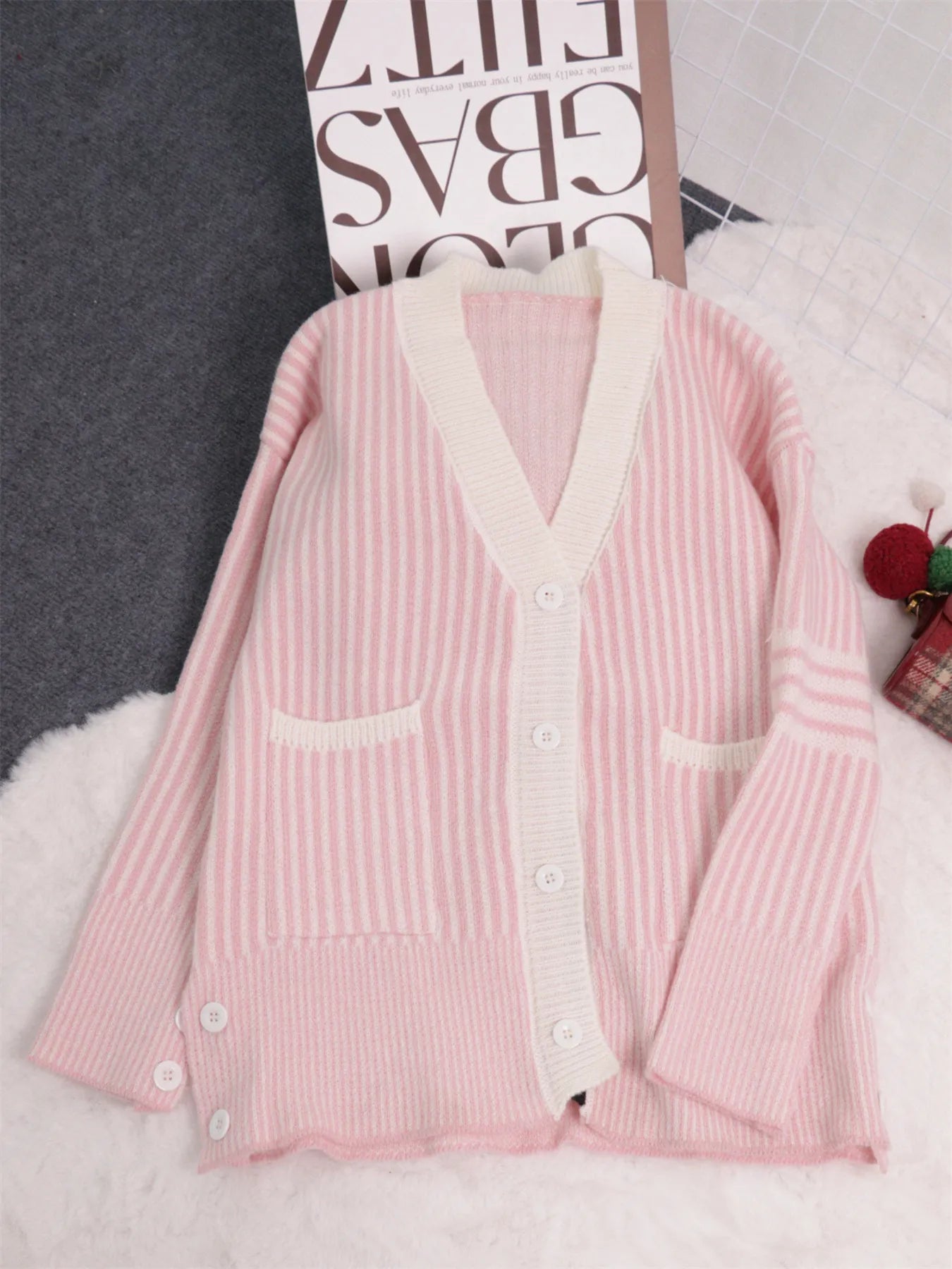 Striped Button-Front Cardigan with Contrast Trim