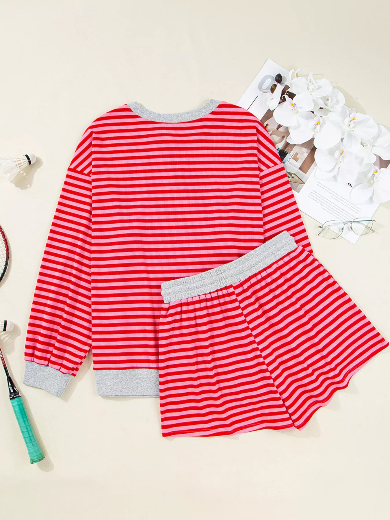 Stripe Drop Shoulder Baggy Top and Shorts Casual Set Trendsi